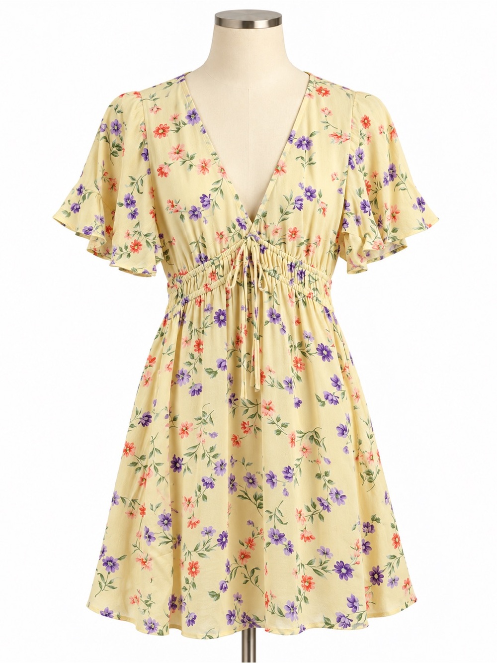 Billabong Yellow Floral Drawstring V-Neck Dress